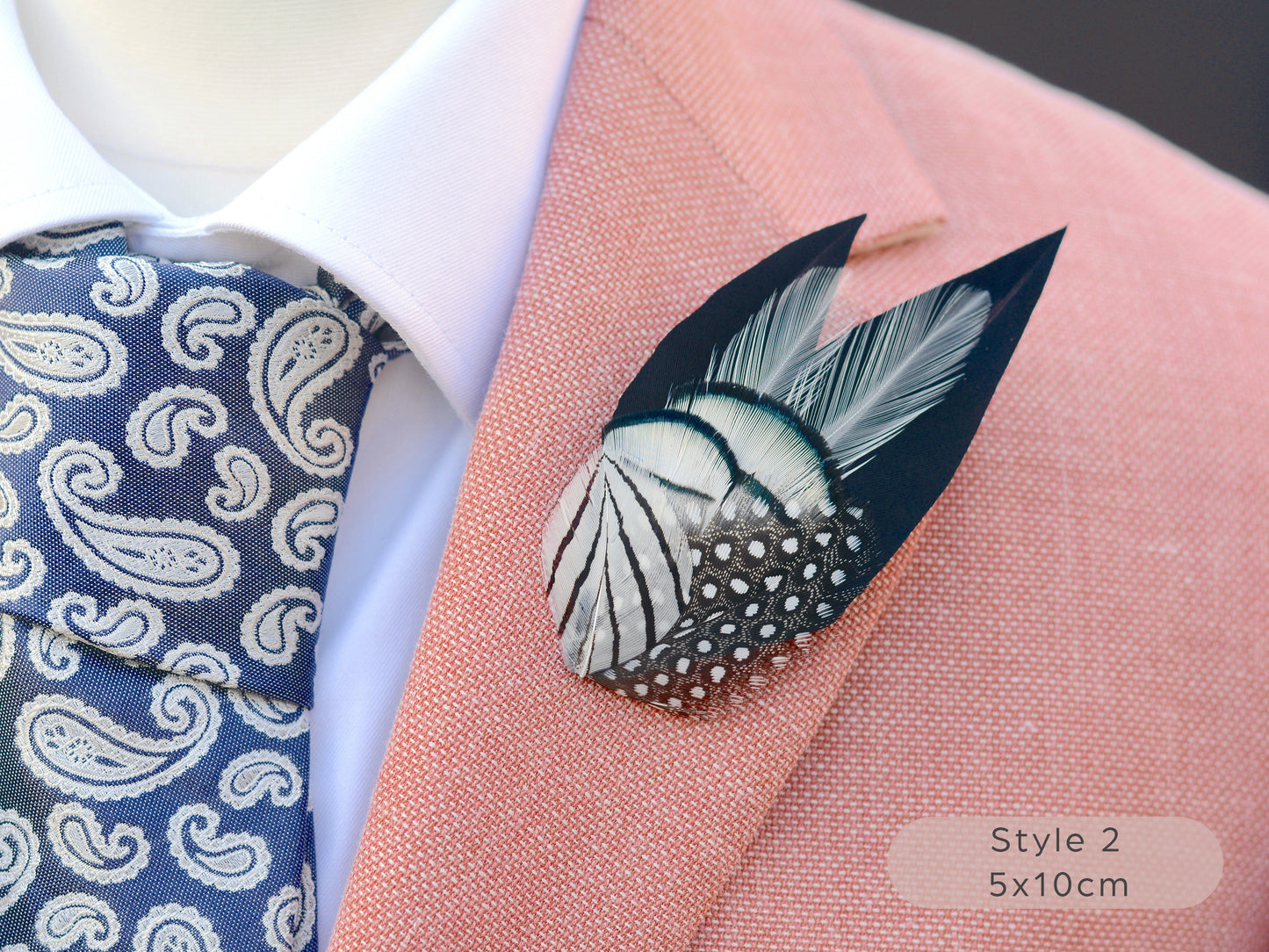Black Monochrome Feather Lapel Pin with Spotted Guinea Fowl Feathers