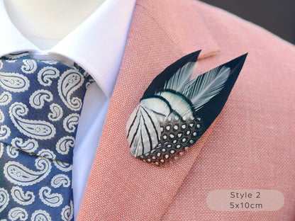 Black Monochrome Feather Lapel Pin with Spotted Guinea Fowl Feathers