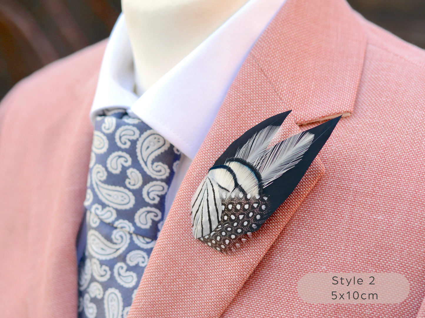 Black Monochrome Feather Lapel Pin with Spotted Guinea Fowl Feathers