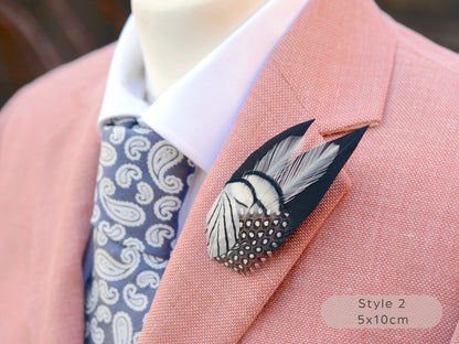 Black Monochrome Feather Lapel Pin with Spotted Guinea Fowl Feathers
