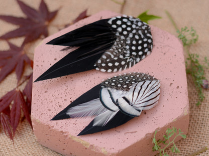Black Monochrome Feather Lapel Pin with Spotted Guinea Fowl Feathers