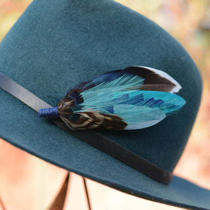 A close-up of a dark teal felt hat with a black ribbon band and a decorative feather hat pin in turquoise, black, white, and brown, set against a softly blurred outdoor background.