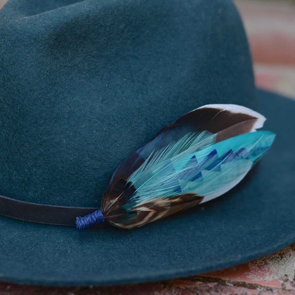 A dark teal felt hat with a black band, decorated with a decorative feather pin featuring turquoise, blue, brown, black, and white feathers.