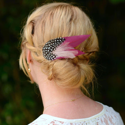 Burgundy Feather Hair Clip with Polka Dots