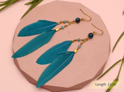 Long Feather Earrings in Peacock Blue with Natural Stone Beads