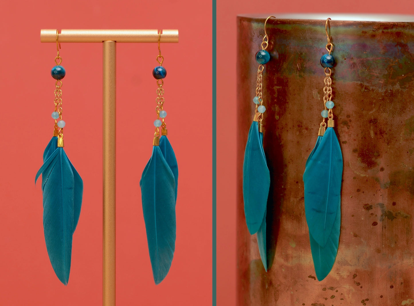 Long Feather Earrings in Peacock Blue with Natural Stone Beads