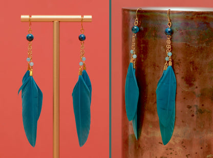 Long Feather Earrings in Peacock Blue with Natural Stone Beads