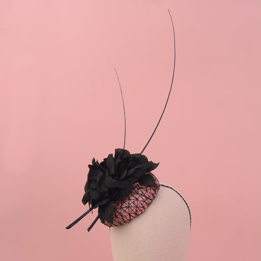 Black and Pink Button Fascinator with Black Roses and Feather Trim