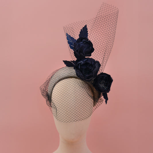 Grey and Navy Blue Bandeau Headband Fascinator with Feather Flowers and Net Veil