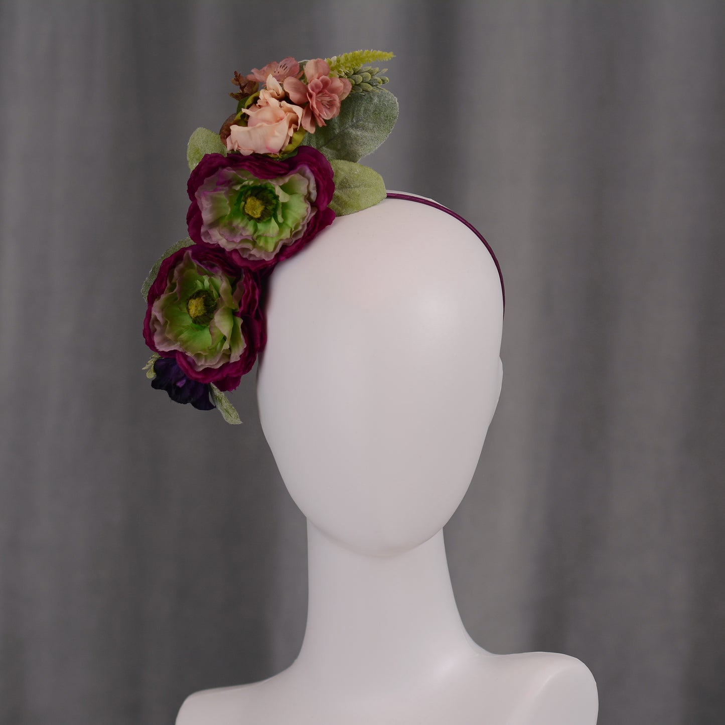 Sculptural Plum and Peach Flower Headpiece