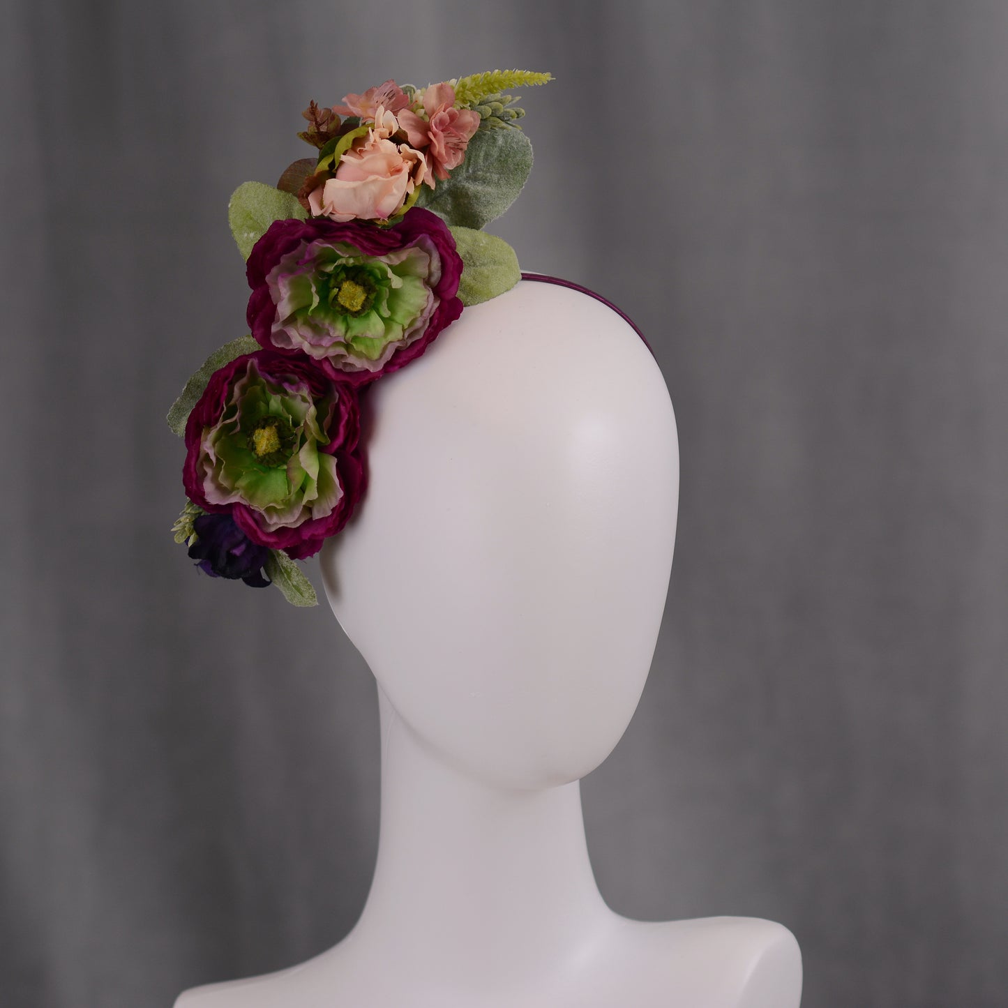 Sculptural Plum and Peach Flower Headpiece
