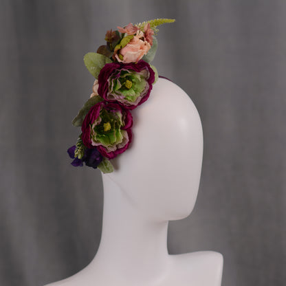 Sculptural Plum and Peach Flower Headpiece