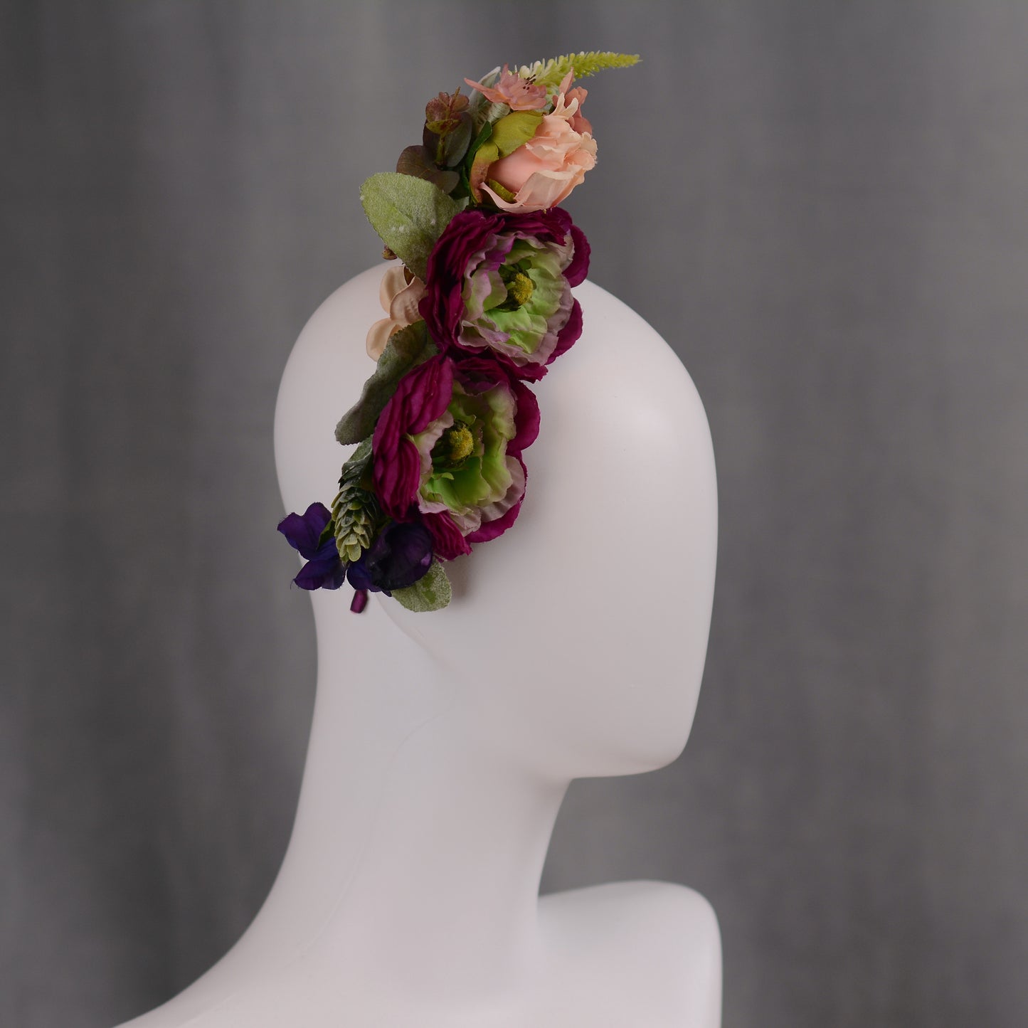 Sculptural Plum and Peach Flower Headpiece