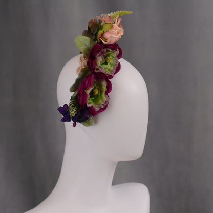 Sculptural Plum and Peach Flower Headpiece