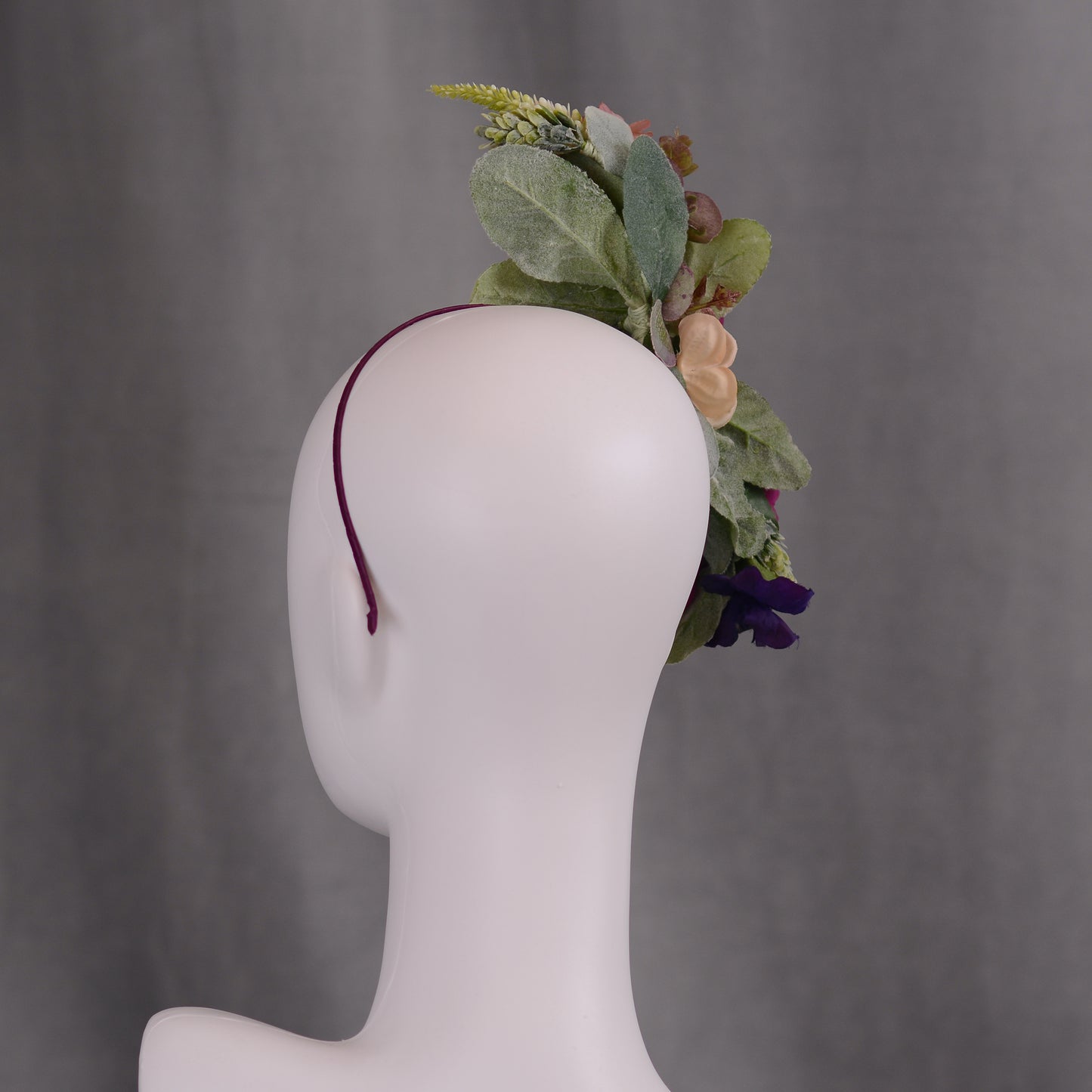 Sculptural Plum and Peach Flower Headpiece
