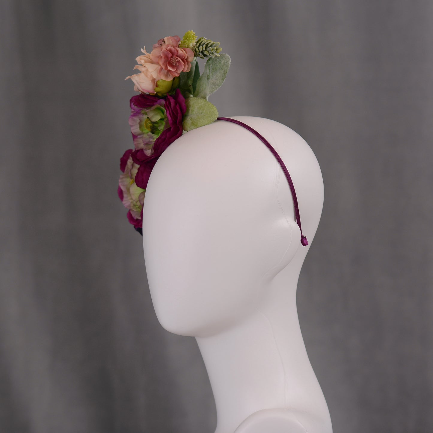 Sculptural Plum and Peach Flower Headpiece