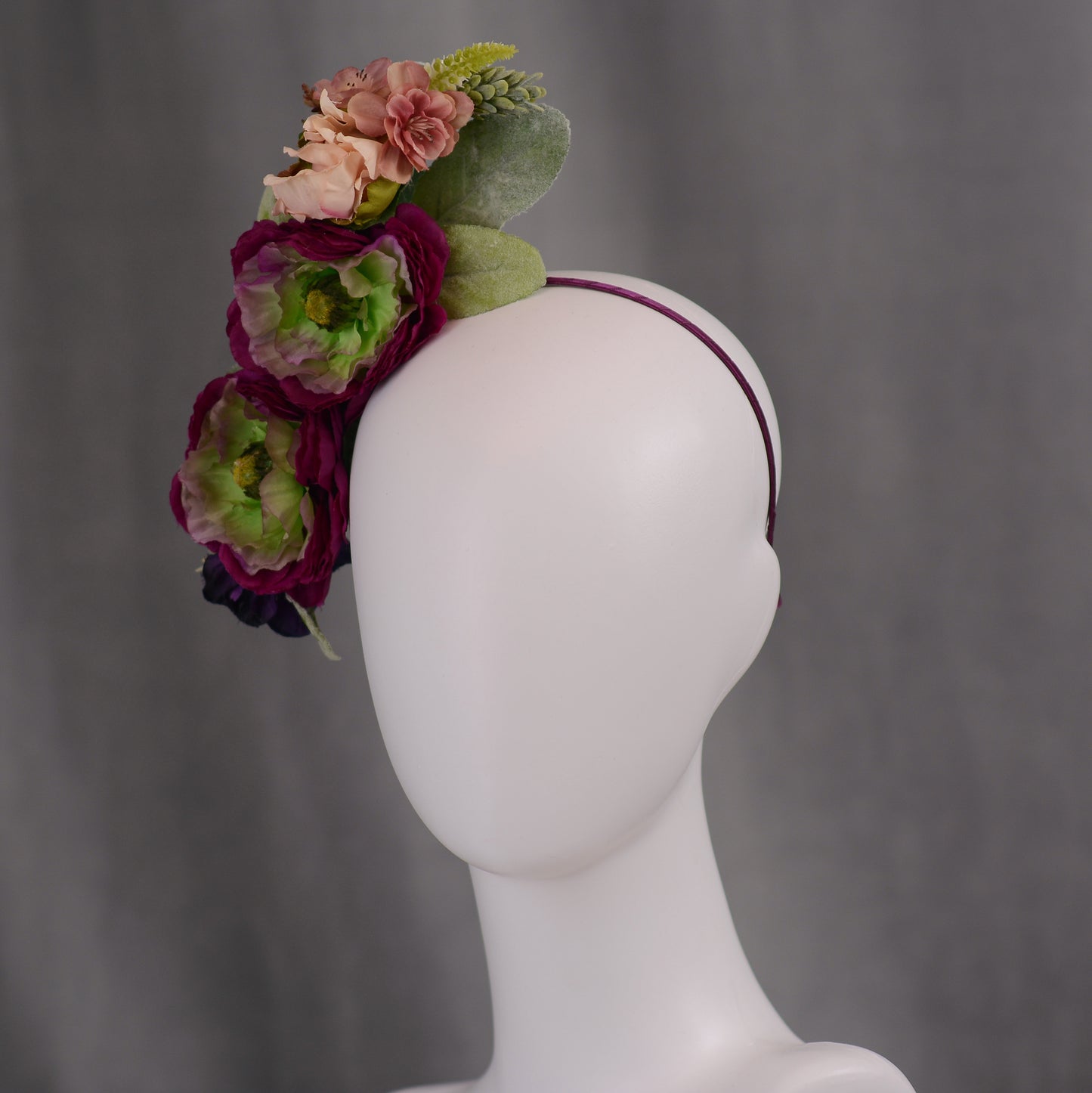 Sculptural Plum and Peach Flower Headpiece