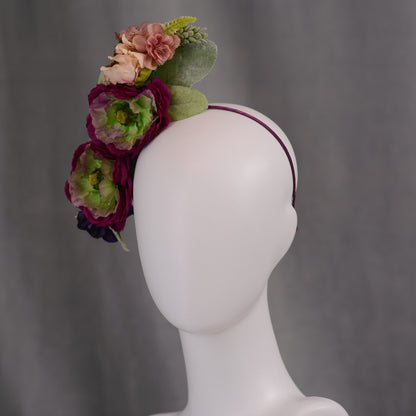 Sculptural Plum and Peach Flower Headpiece
