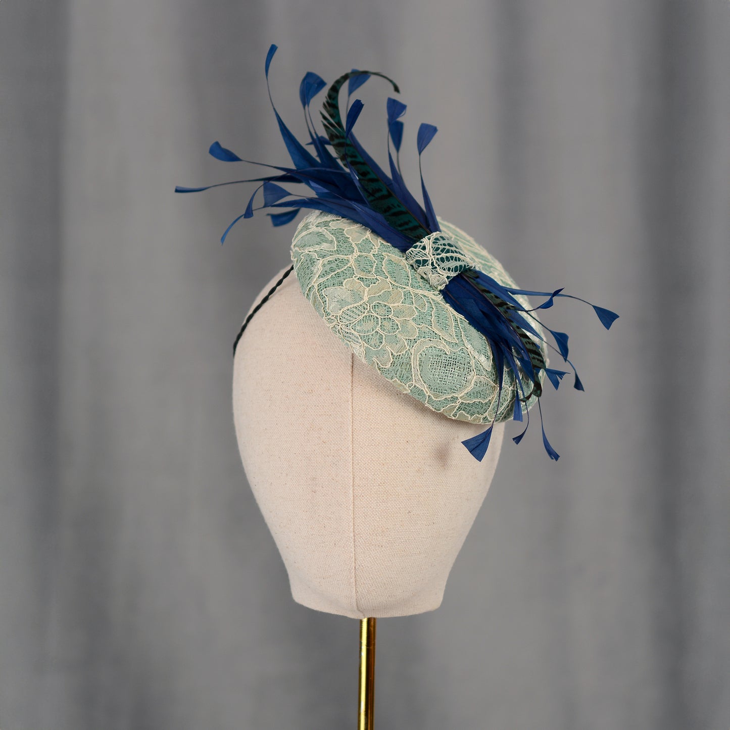 Duck Egg, Teal and Navy Blue Lace and Feather Button Hat