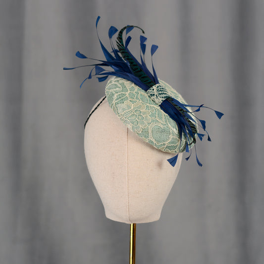 Duck Egg, Teal and Navy Blue Lace and Feather Button Hat