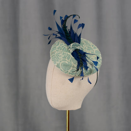 Duck Egg, Teal and Navy Blue Lace and Feather Button Hat