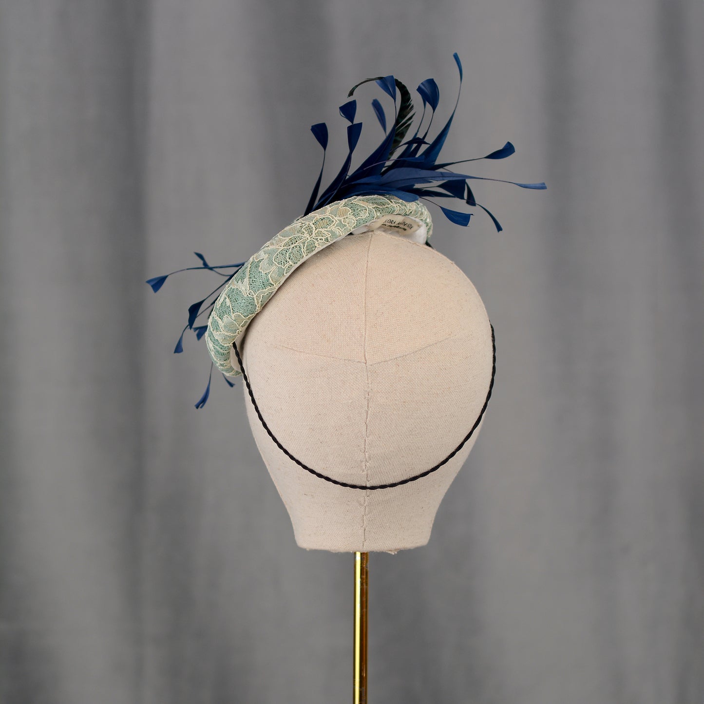 Duck Egg, Teal and Navy Blue Lace and Feather Button Hat
