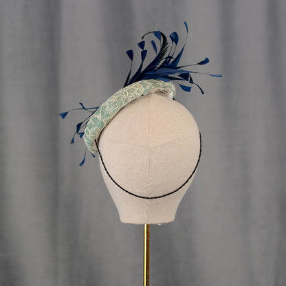Duck Egg, Teal and Navy Blue Lace and Feather Button Hat