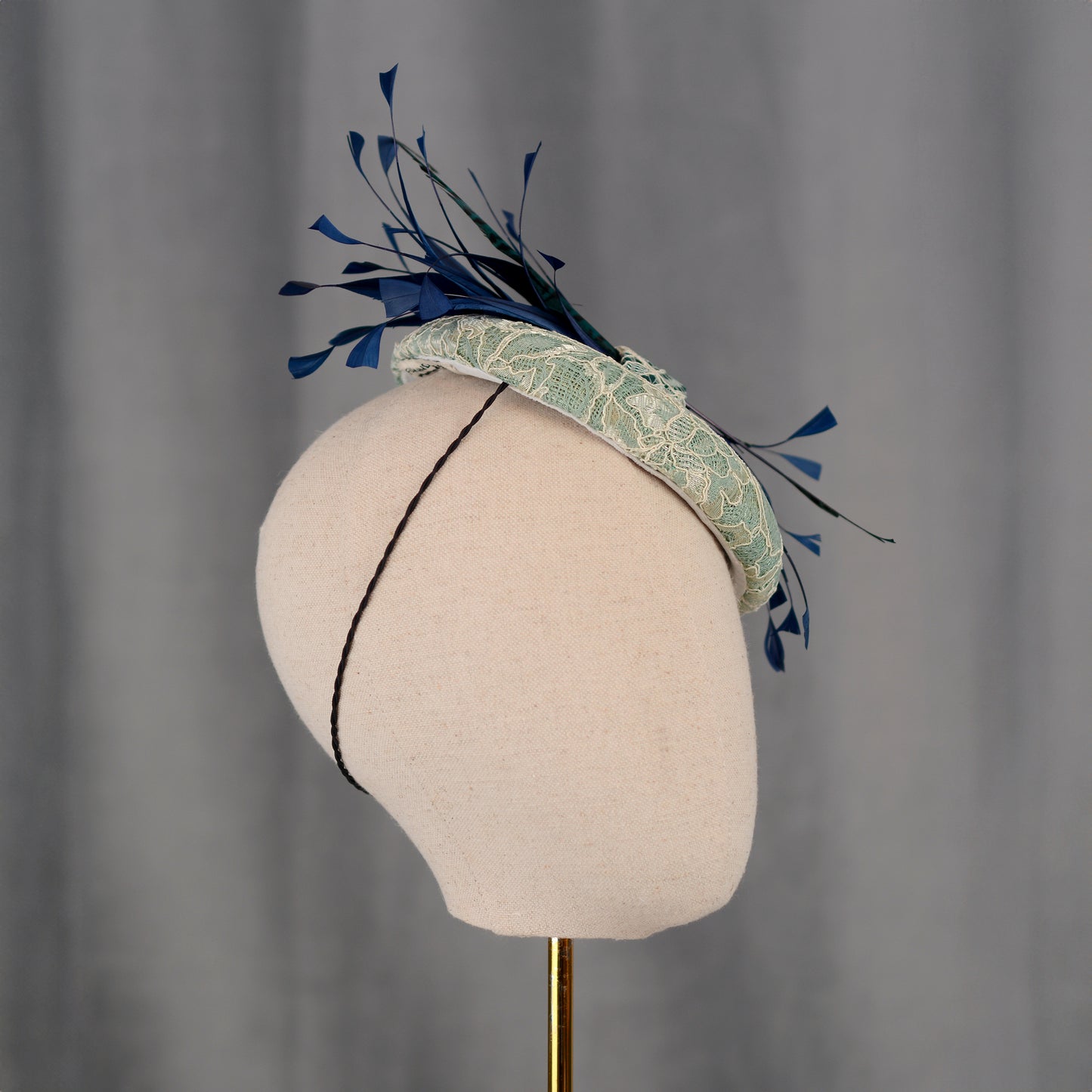 Duck Egg, Teal and Navy Blue Lace and Feather Button Hat