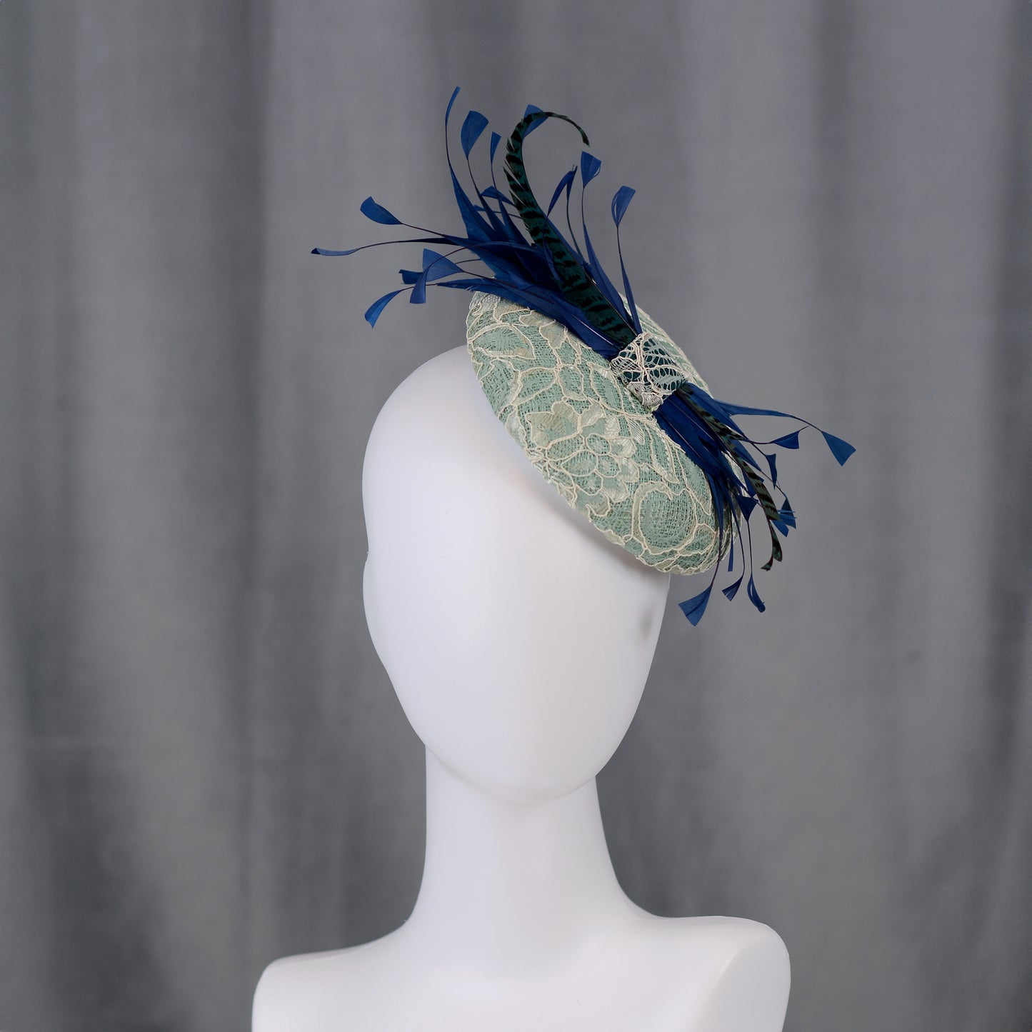 Duck Egg, Teal and Navy Blue Lace and Feather Button Hat