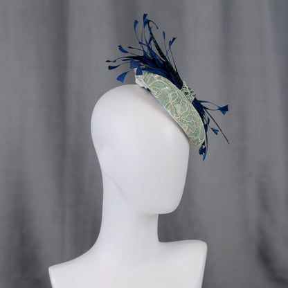 Duck Egg, Teal and Navy Blue Lace and Feather Button Hat
