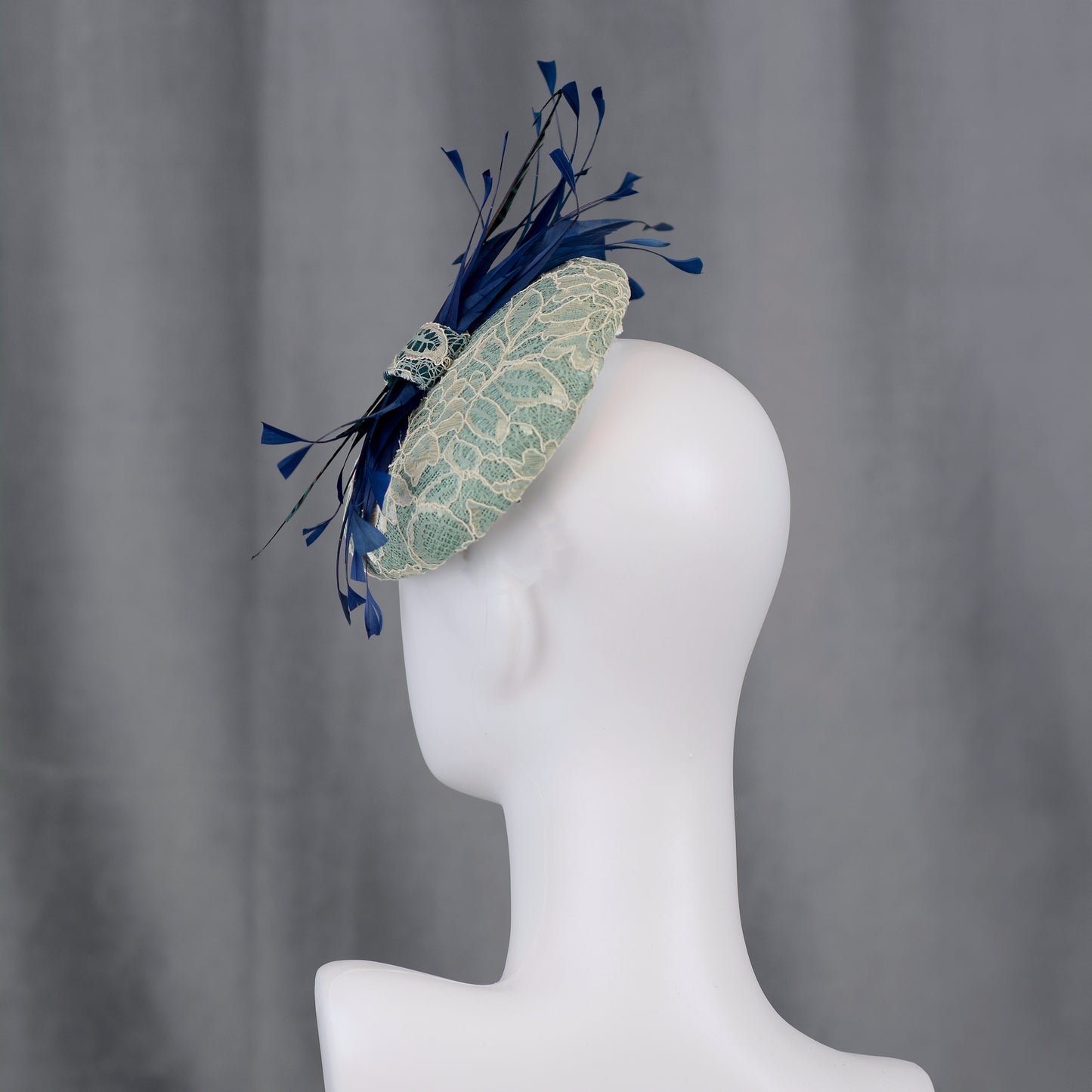Duck Egg, Teal and Navy Blue Lace and Feather Button Hat