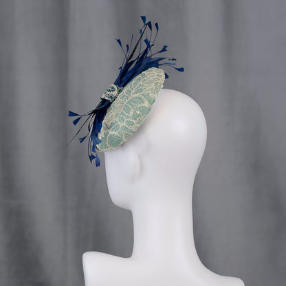 Duck Egg, Teal and Navy Blue Lace and Feather Button Hat