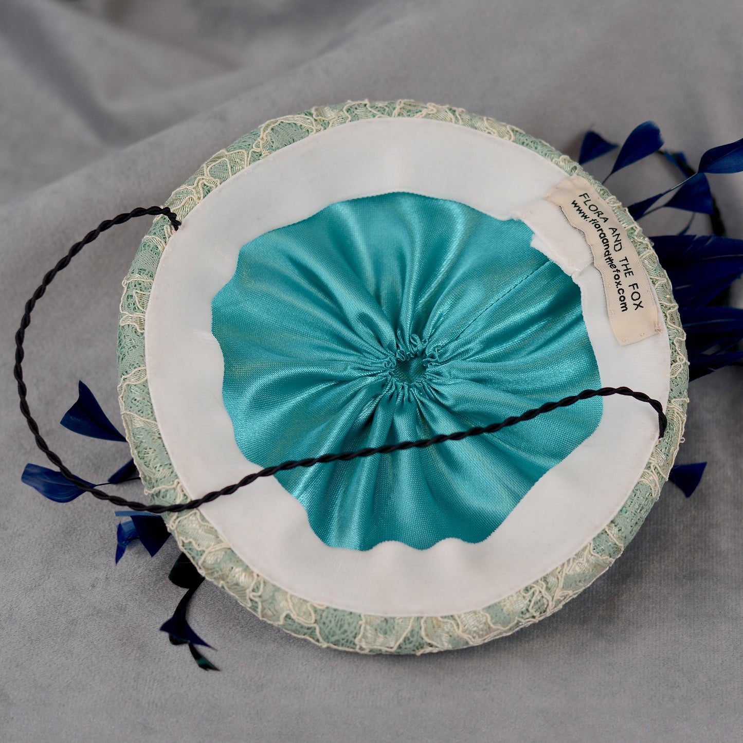 Duck Egg, Teal and Navy Blue Lace and Feather Button Hat