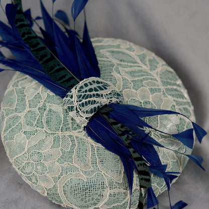 Duck Egg, Teal and Navy Blue Lace and Feather Button Hat