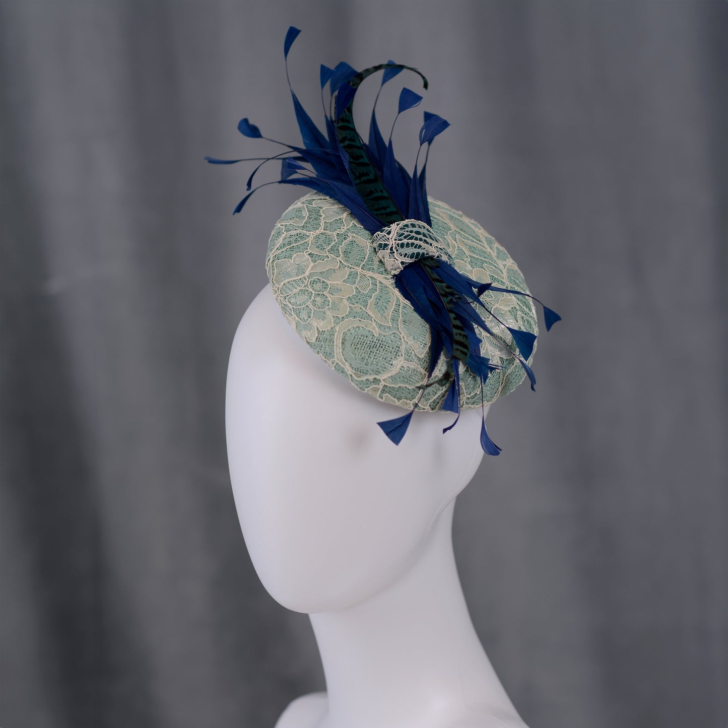 Duck Egg, Teal and Navy Blue Lace and Feather Button Hat