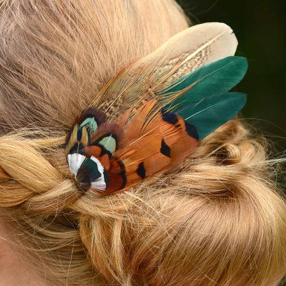 Bottle Green and Copper Pheasant Feather Hair Clip No.26