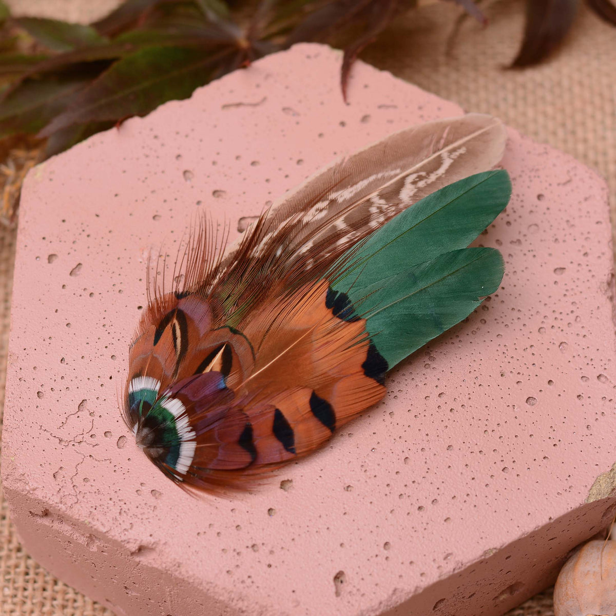 Bottle Green and Copper Pheasant Feather Hair Clip No.26