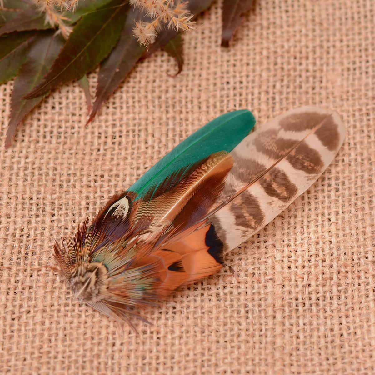 A decorative feather fascinator in natural pheasant feathers in copper, black, brown and cream and a bottle green duck feather in a wing shape, displayed on a beige burlap surface with dried leaves in the corner. 