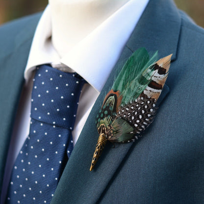 Bottle Green Pheasant Feather Boutonniere Pin | Feather Hat Pin | Duck Feather Brooch