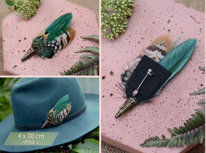 Bottle Green Pheasant Feather Boutonniere / Hat Pin