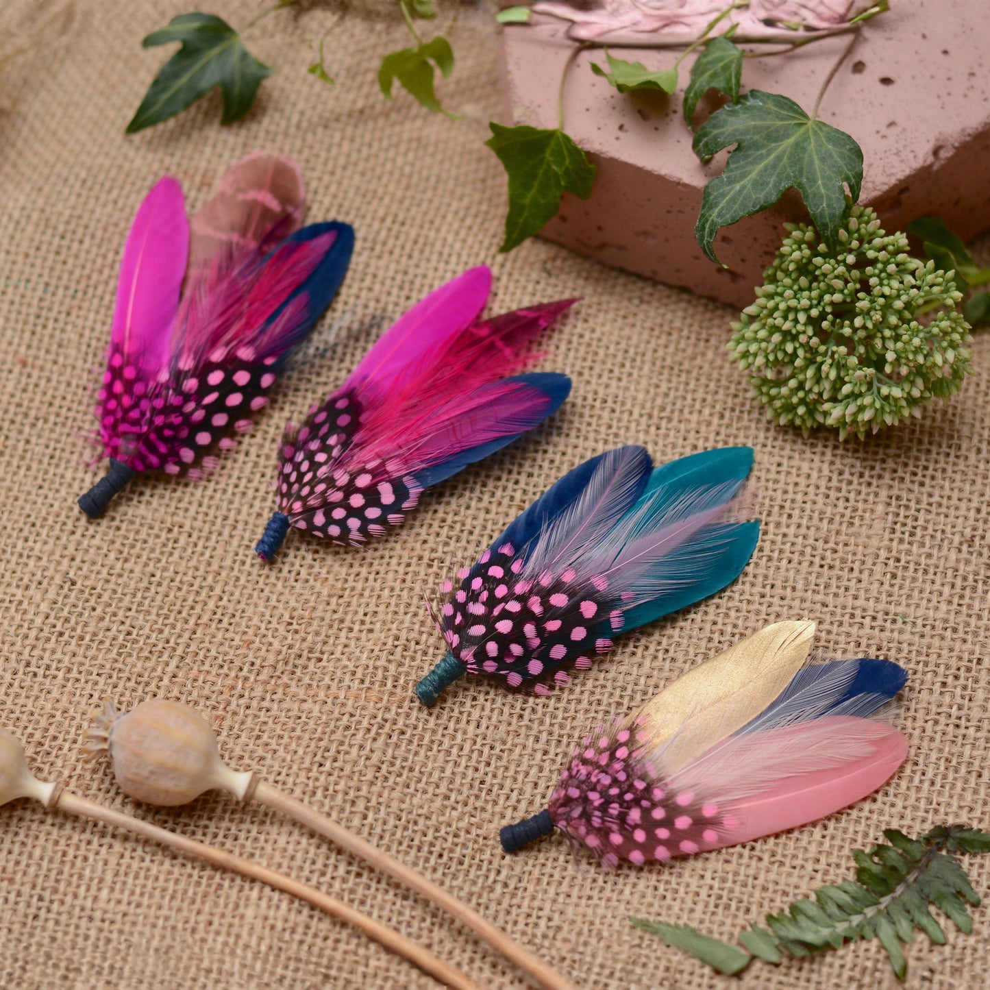 Pink and Navy Blue Feather Lapel Pins / Hat Pins