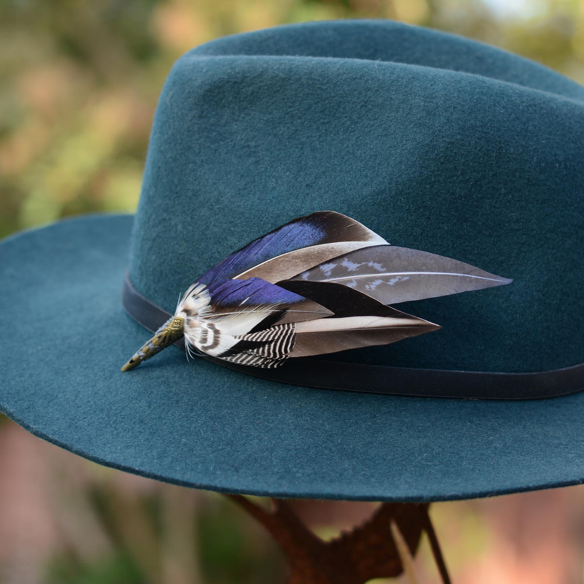 A dark teal felt wide-brim hat with a black band and a duck feather hat pin in iridescent blue, black and grey, photographed outdoors against a blurred natural background.