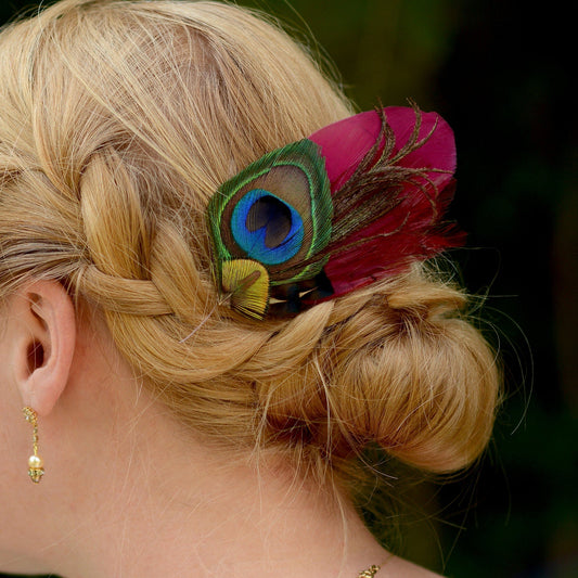 Burgundy and Peacock Feather Hair Clip | Peacock Feather Fascinator | Peacock Feather Headpiece | Bridal Hair Clip | Bridesmaid Hair Clip