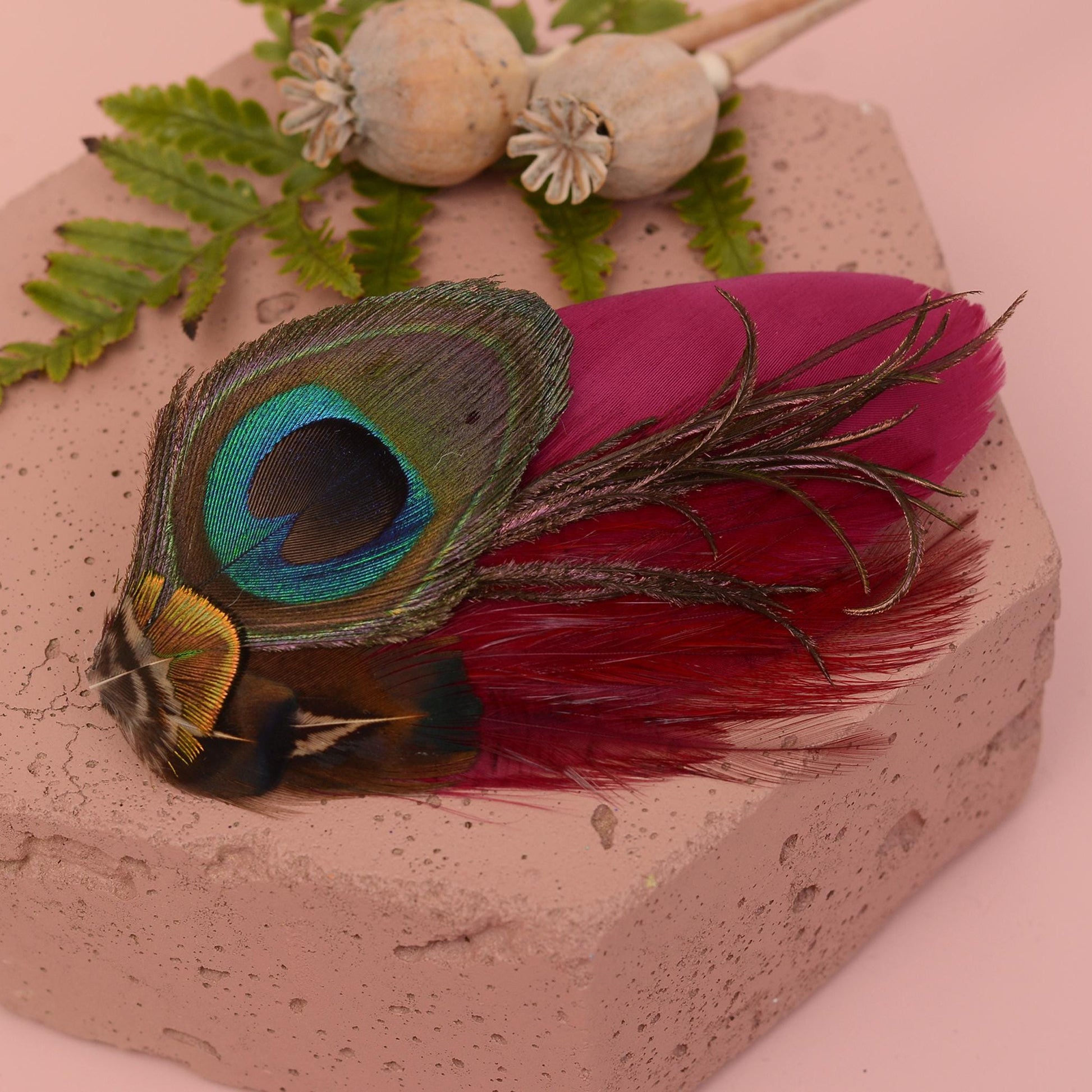 Burgundy and Peacock Feather Hair Clip | Peacock Feather Fascinator | Peacock Feather Headpiece | Bridal Hair Clip | Bridesmaid Hair Clip