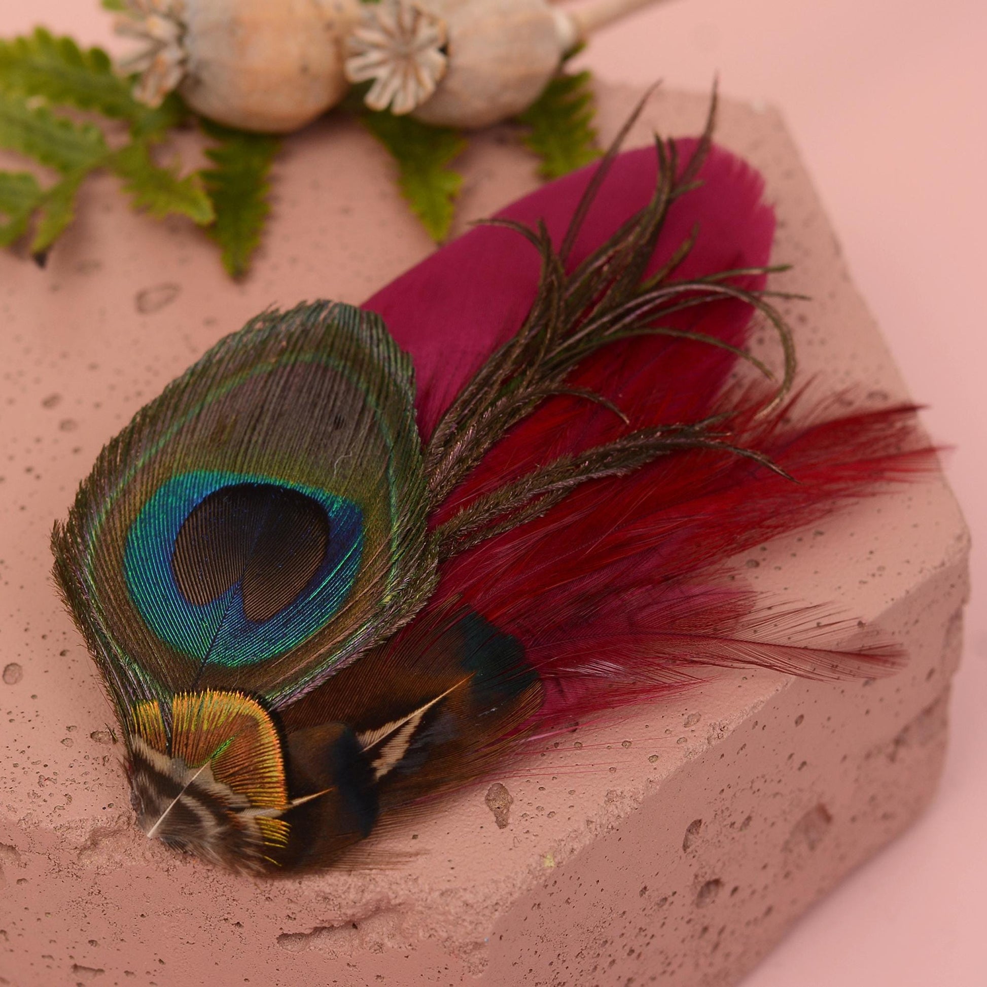 Burgundy and Peacock Feather Hair Clip | Peacock Feather Fascinator | Peacock Feather Headpiece | Bridal Hair Clip | Bridesmaid Hair Clip