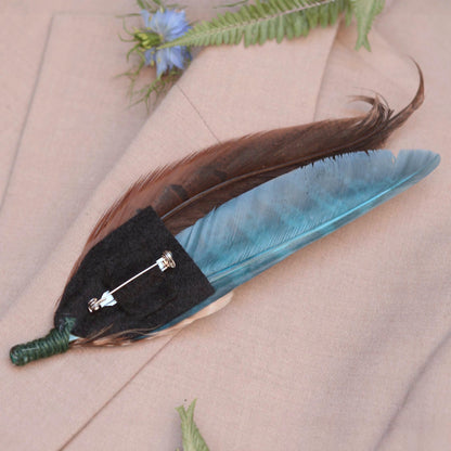 Feather Boutonniere  Brooch Hat Pin in Natural Pheasant and Green No.302