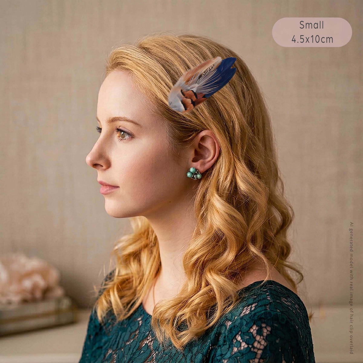 Woman with long blonde curled hair with blue and natural pheasant feather hair clip and teal lace wedding guest dress