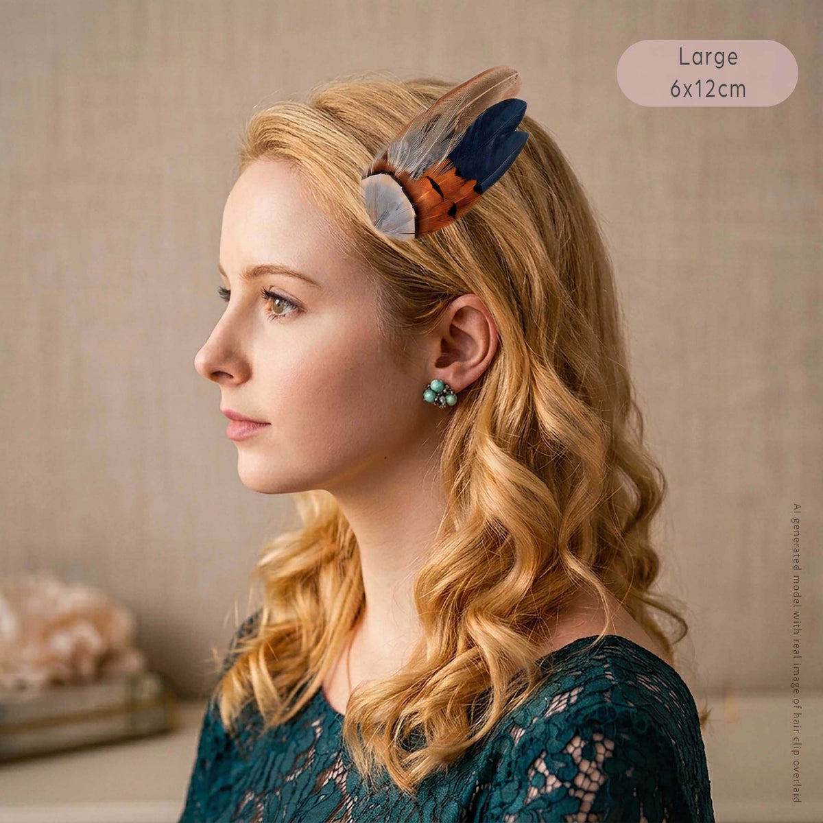 A woman in profile wearing a feather hair clip fascinator in her hair. The hair clip features feathers in navy blue, brown, copper and grey, with a turquoise earring visible on her ear.