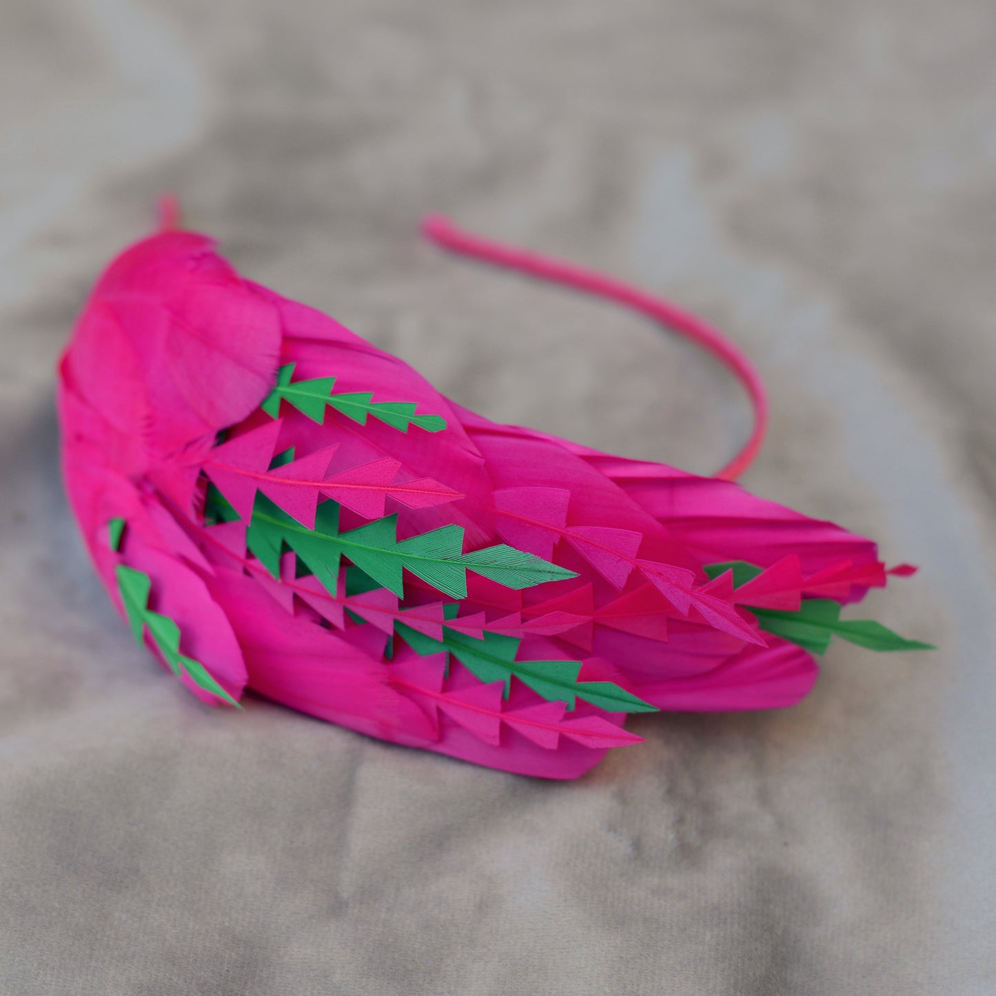 Pink and Green Feather Fascinator Headband  No.005