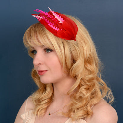 Red and Pink Feather Fascinator Headband No.013